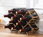 Foldable Wooden Wine Rack, 10-Bottle Expandable Countertop Wine Holder with 8 Individual Slots and Top Storage, Carbonized Pine, No Assembly Required