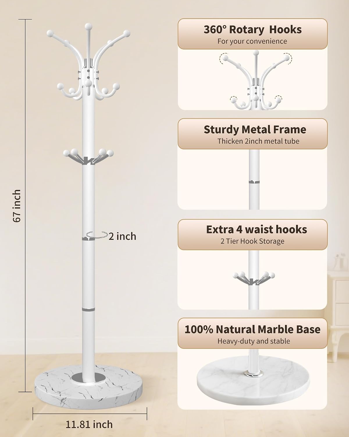 Metal Coat Rack with Natural Marble Base,360°Rotary Coat Rack Stand with 14 Hooks,Modern Freestanging Coat Racks,White Coat Jacket Hanger Clothes Tree Stand for Entryway,Corner