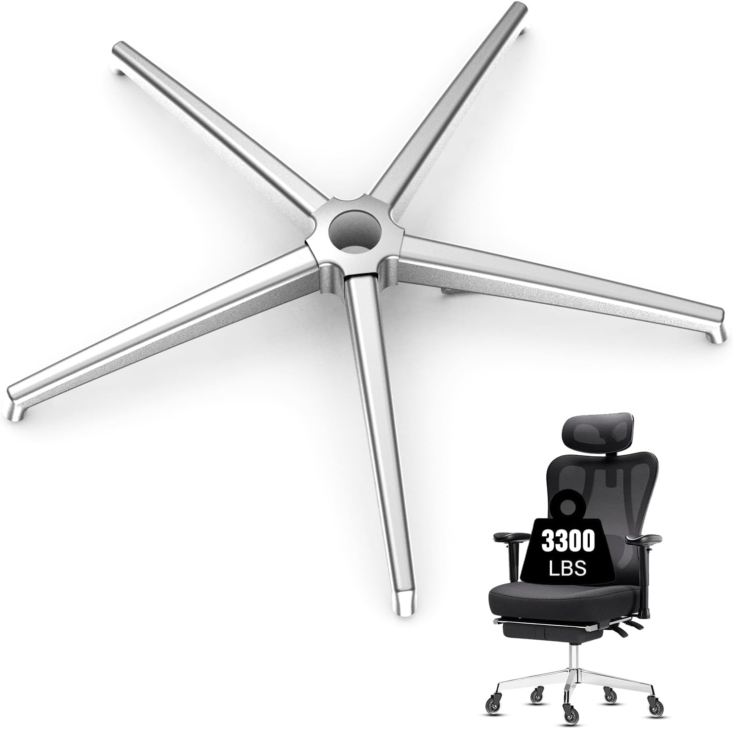 Office Chair Base Replacement (3300 lbs) - Heavy Duty Alloy Office Chair Base Replacement, Reinforced Metal Legs, Universal Cylinder and Caster Sockets(Silver)