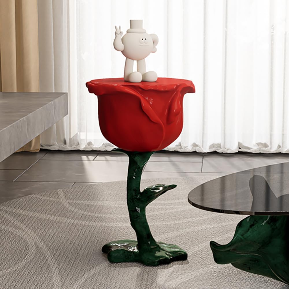 LOVEDIMA Modern Small End Table,Red Resin Rose Sculpture Cute Pedestal Side Table with Tray