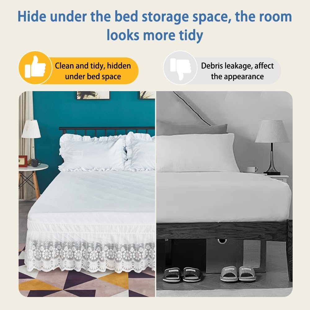 White Lace Bed Skirt for Full Bed - 15in. Drop, Easy Fit Ruffle Bedskirt Wrap Around Bed Skirt, Anti Wrinkle & Fade Resistant