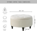 4-in-1 24Inch Round Storage Ottoman, Modern Tufted Fabric Circle Storage Coffee Table with Removable Lid, Upholstered Storage Ottoman with Tray for Living Room (Off White)
