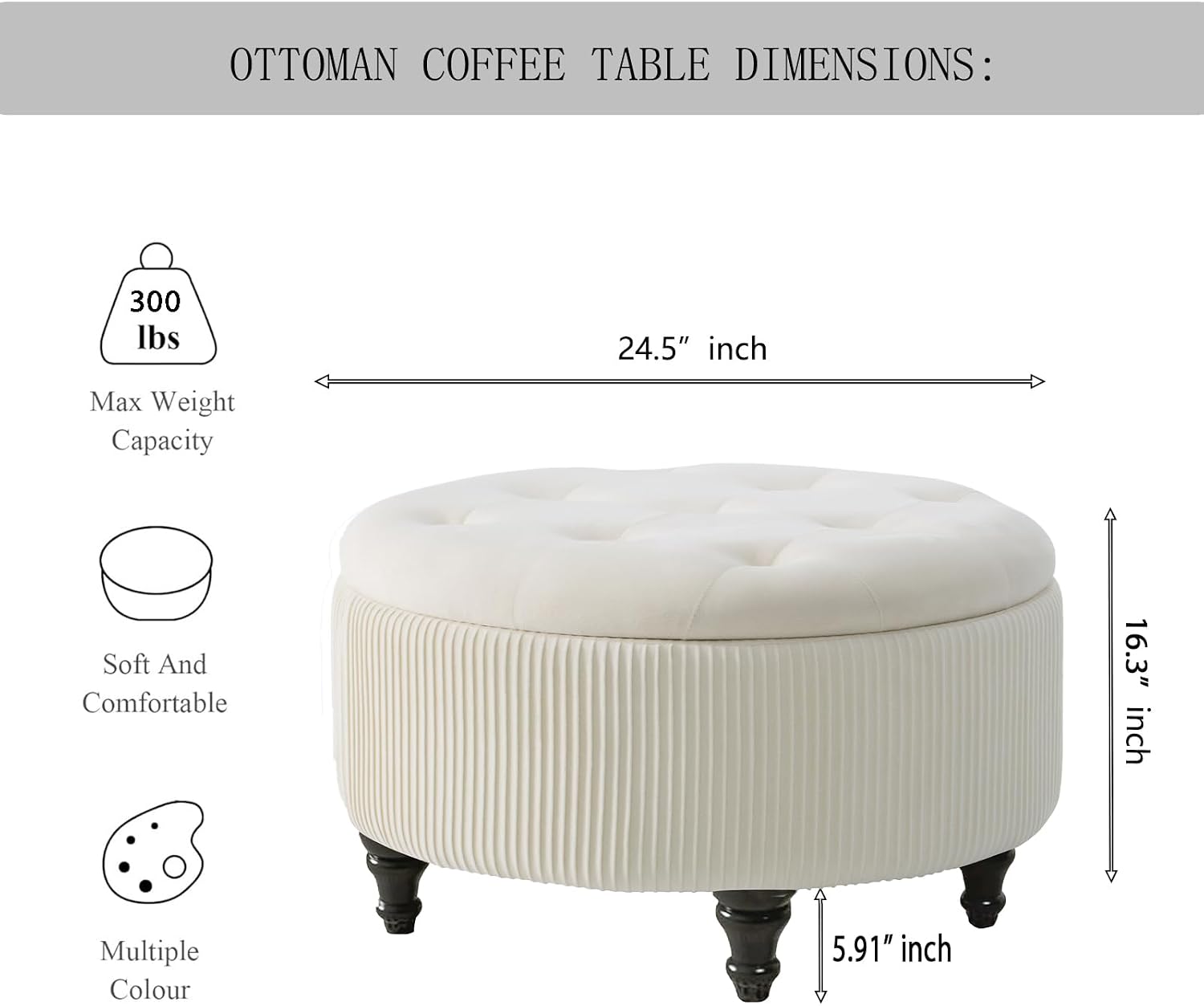 4-in-1 24Inch Round Storage Ottoman, Modern Tufted Fabric Circle Storage Coffee Table with Removable Lid, Upholstered Storage Ottoman with Tray for Living Room (Off White)