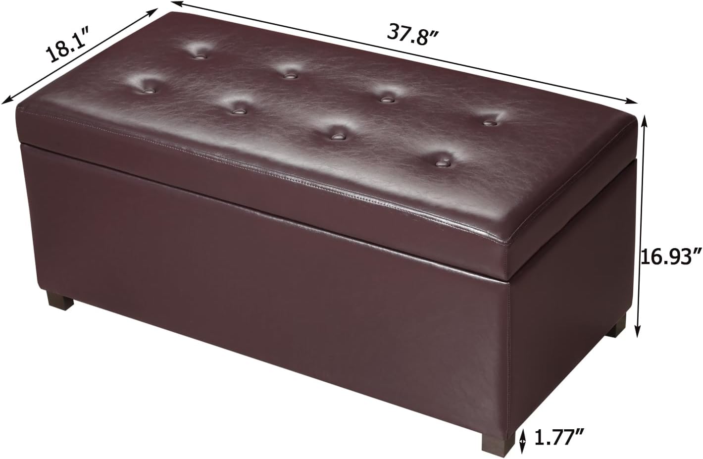 38" Leather Storage Ottoman for Living Room, Rectangular Tufted Storage Bench for Foot, Bright Brown