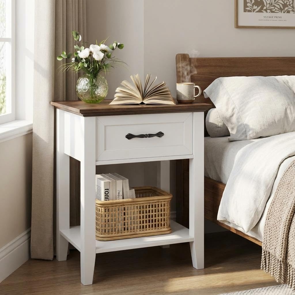 Wood Bedside Table with Drawer and Storage Shelf, Versatile Nightstand End Table for Bedroom, Living Room, Nursery, or College Dorm, Practical Storage Solution for Home, Modern Side Table Design