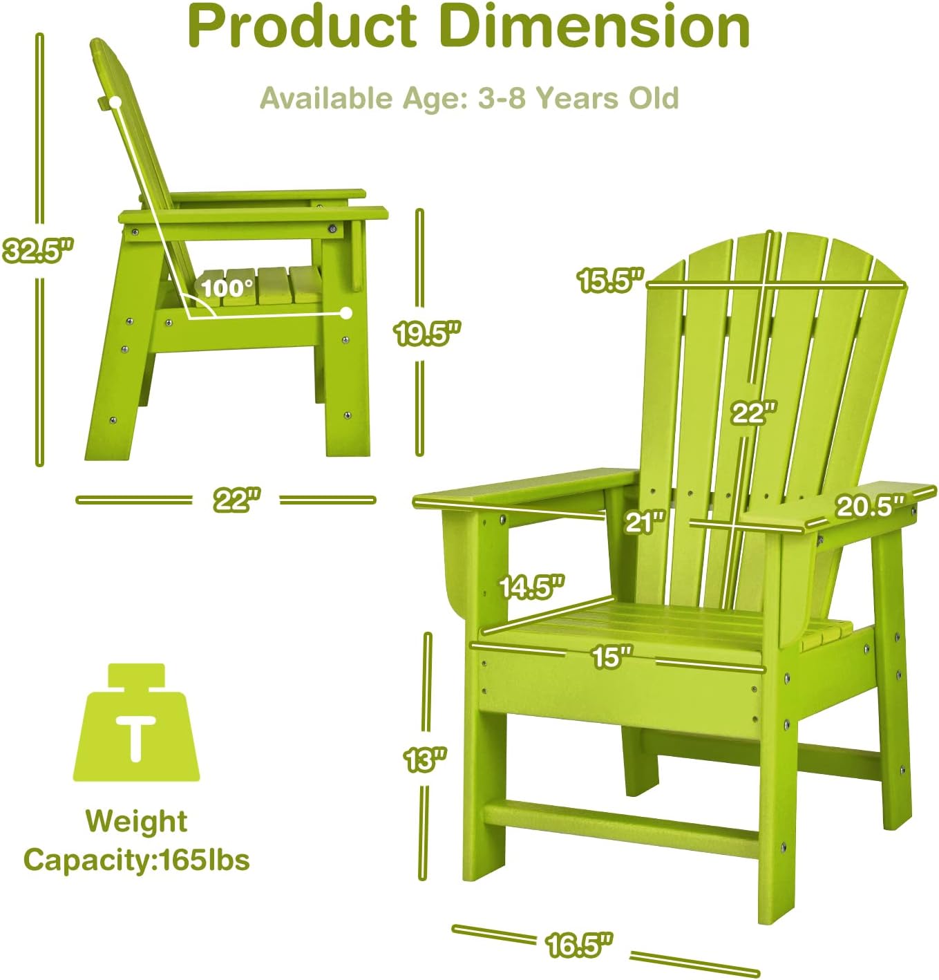 Giantex Adirondack Chair, Kids HDPE Patio Lawn Chair with Ergonomic Backrest for Deck, Porch, Backyard, Poolside, Indoor, Weather Resistance Toddler Outdoor Chair (1, Green)