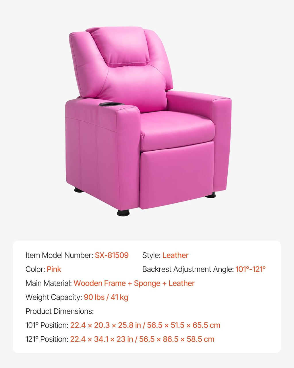 VEVOR Kids Recliner, Toddler Recliner with Cup Holder, 101° to 121° Adjustable Backrest, Push Back PU Leather Kids Reclining Chair Couch with Footrest & 90 lbs Load, Ideal for Child Ages 1-6, Pink