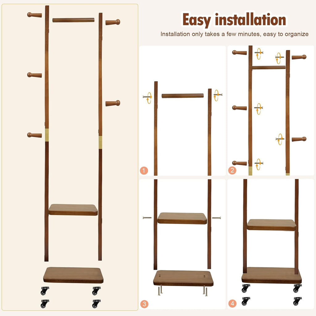 Solid Wood Coat Rack with Wheels - 2-Tier Freestanding Clothing Rack with 5 Hooks & Storage Shelves, Heavy Duty Rolling Clothes Stand for Entryway, Bedroom, Corner