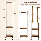 Solid Wood Coat Rack with Wheels - 2-Tier Freestanding Clothing Rack with 5 Hooks & Storage Shelves, Heavy Duty Rolling Clothes Stand for Entryway, Bedroom, Corner