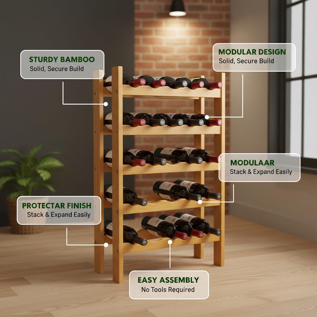 NutriChef Bamboo Wine Rack Freestanding Floor, 8-Tier Wooden Wine Storage Shelf Holds 72 Bottles, Stackable Wine Stand and Wine Holder for Bar, Kitchen, Cabinet, or Cellar Display