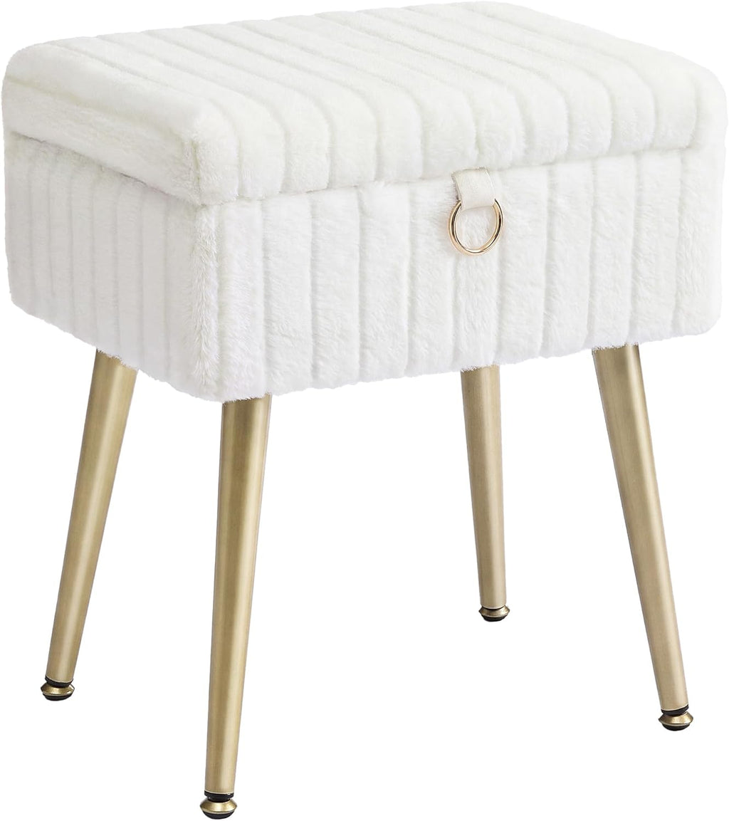 SONGMICS Vanity Stool Chair Faux Fur with Storage, Vanity Bench, Metal Legs, Adjustable Feet, for Living Room, Bedroom, Makeup Room, Cream White ULOM505WZ02