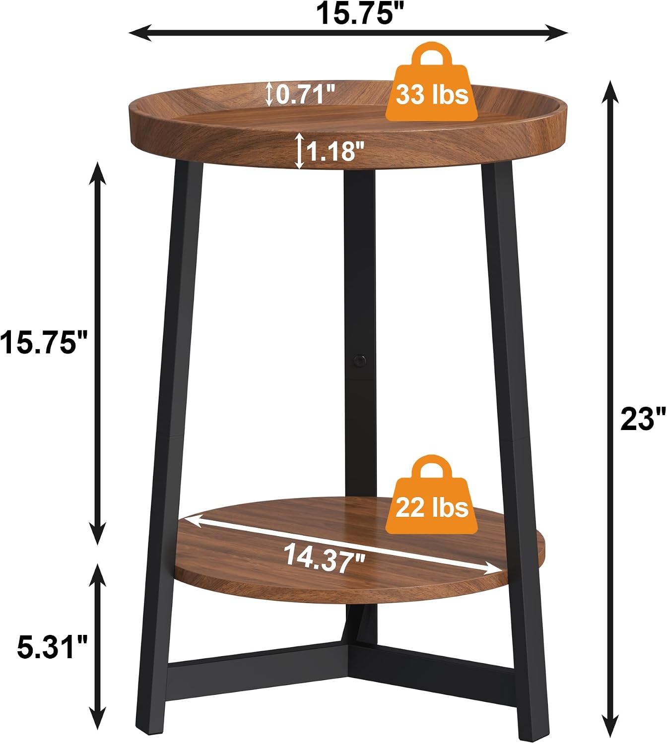 2-Tier Round End Table with Charging Station and Industrial Sofa Side Table,Raised Tabletop with Triangular Metal Frame for Small Spaces, Living Room, Bedroom,Cherry