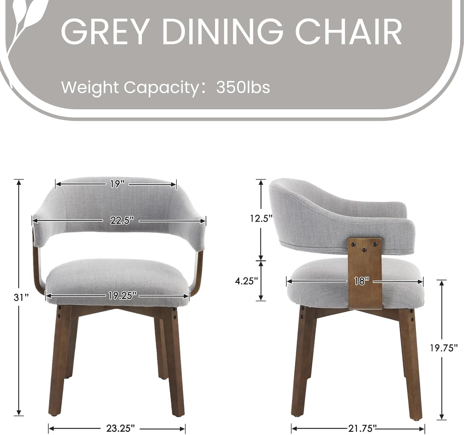 ROCITY Wooden Dining Chairs Set of 4 Modern Fabric Upholstered Dining Room Chairs with Curved Backrest and Walnut Legs for Kitchen,Living Room, Grey