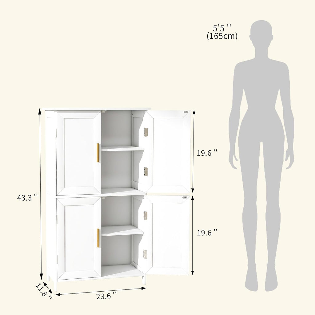 Bathroom Storage Cabinet, Bathroom Floor Cabinet Freestanding Organizer with Adjustable Shelves for Bathroom Laundry Room,4 Doors, Black