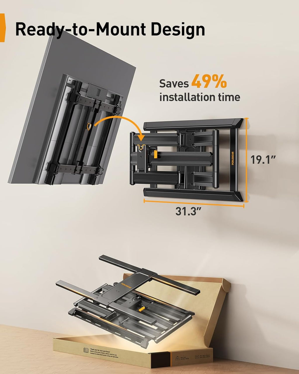 Perlegear TV Wall Mount for 55-65 75 85 90 98 100 120 Inch TVs, Heavy Duty TV Mount Fits 24″/18″/16″Wood Studs, Preassembled Full Motion TV Mount up to 225lbs, Max VESA 900x600mm, PGXLF03B