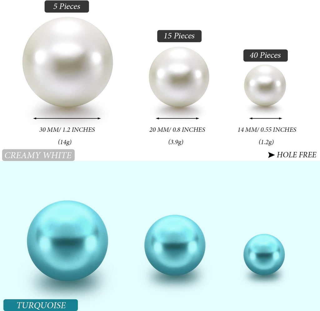 Hicarer 120 Pieces Vase Filler Pearls No Hole Floating Beads for Vase Centerpieces Brush Holder Round Faux Water Bead for DIY Home Wedding Table Party Decor, 14/20/30 mm(Creamy White, Turquoise)
