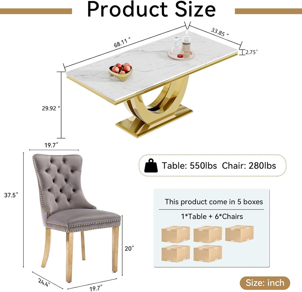 Modern Marble Dining Table Set for 6, White Dining Set with 68" Faux Marble Dining Table and 6 Gray Upholstered Velvet Dining Chairs, 7 Piece Dining Table and Chairs Set for Kitchen