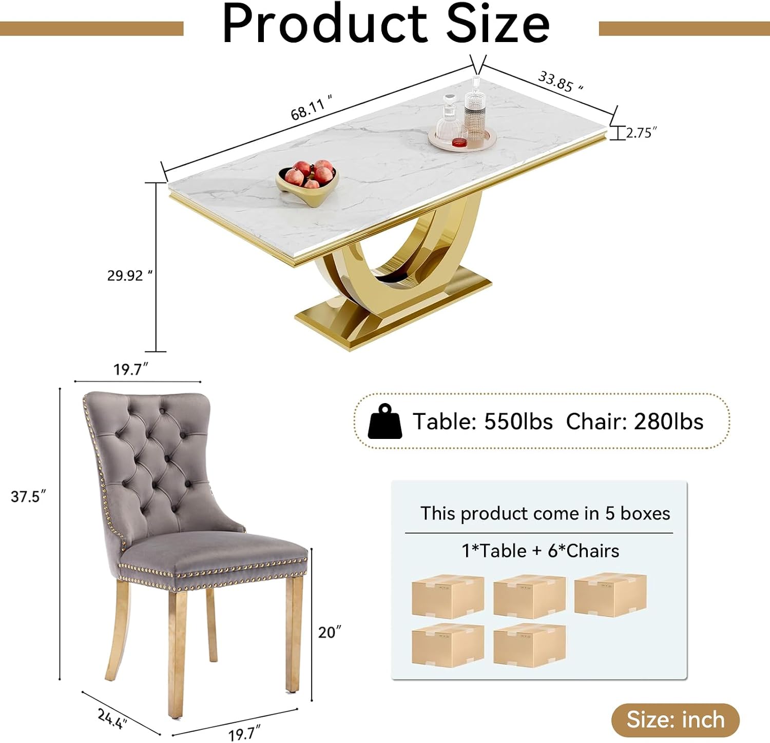 Modern Marble Dining Table Set for 6, White Dining Set with 68" Faux Marble Dining Table and 6 Gray Upholstered Velvet Dining Chairs, 7 Piece Dining Table and Chairs Set for Kitchen