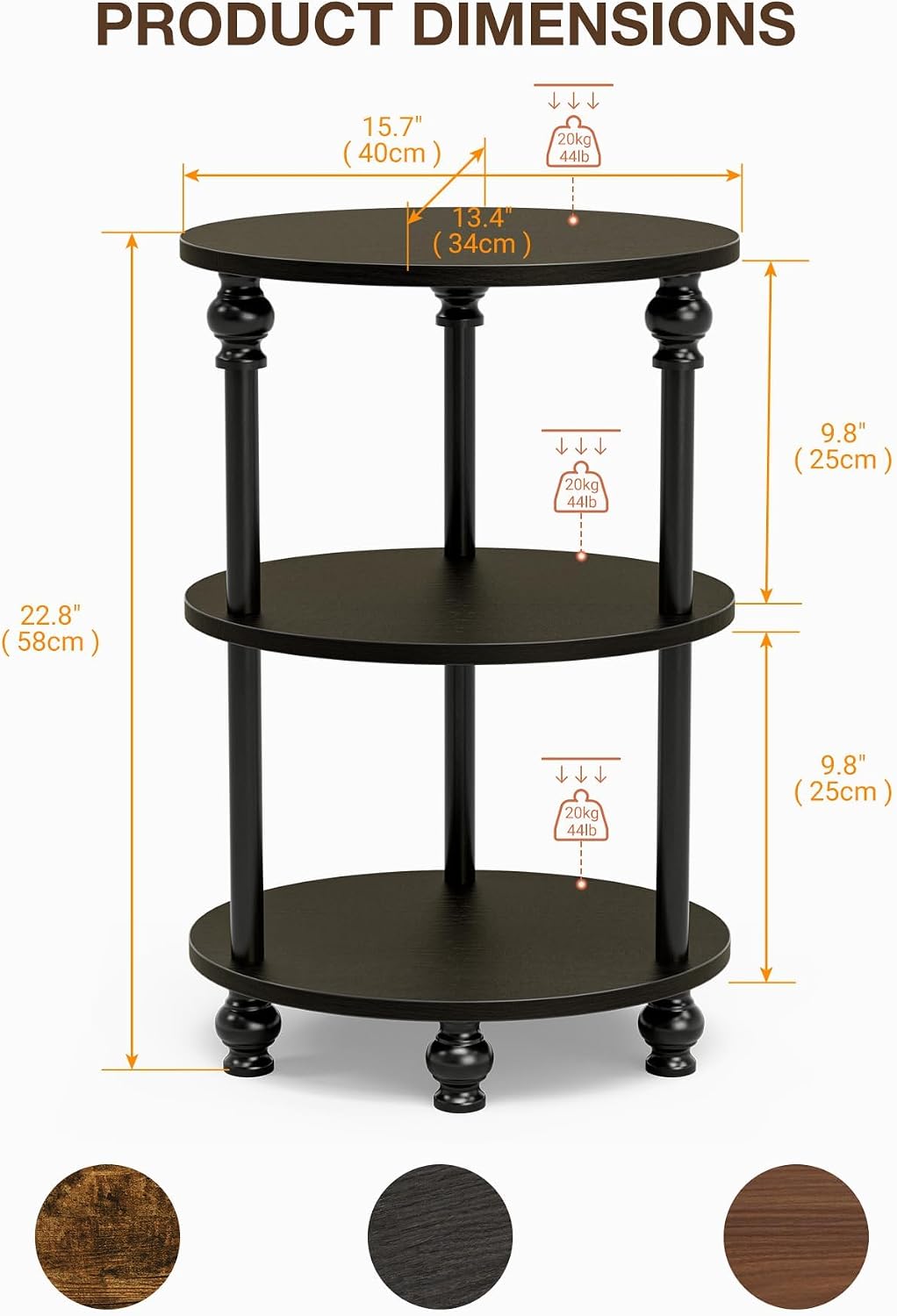 Small Round Side Table - 3 Tier Accent End Table for Narrow Spaces, Sturdy Metal Frame with Wood Finish and 44 Lbs Capacity per Shelf, Nightstand or Bedside Use for Living Room, Black