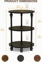 Small Round Side Table - 3 Tier Accent End Table for Narrow Spaces, Sturdy Metal Frame with Wood Finish and 44 Lbs Capacity per Shelf, Nightstand or Bedside Use for Living Room, Black