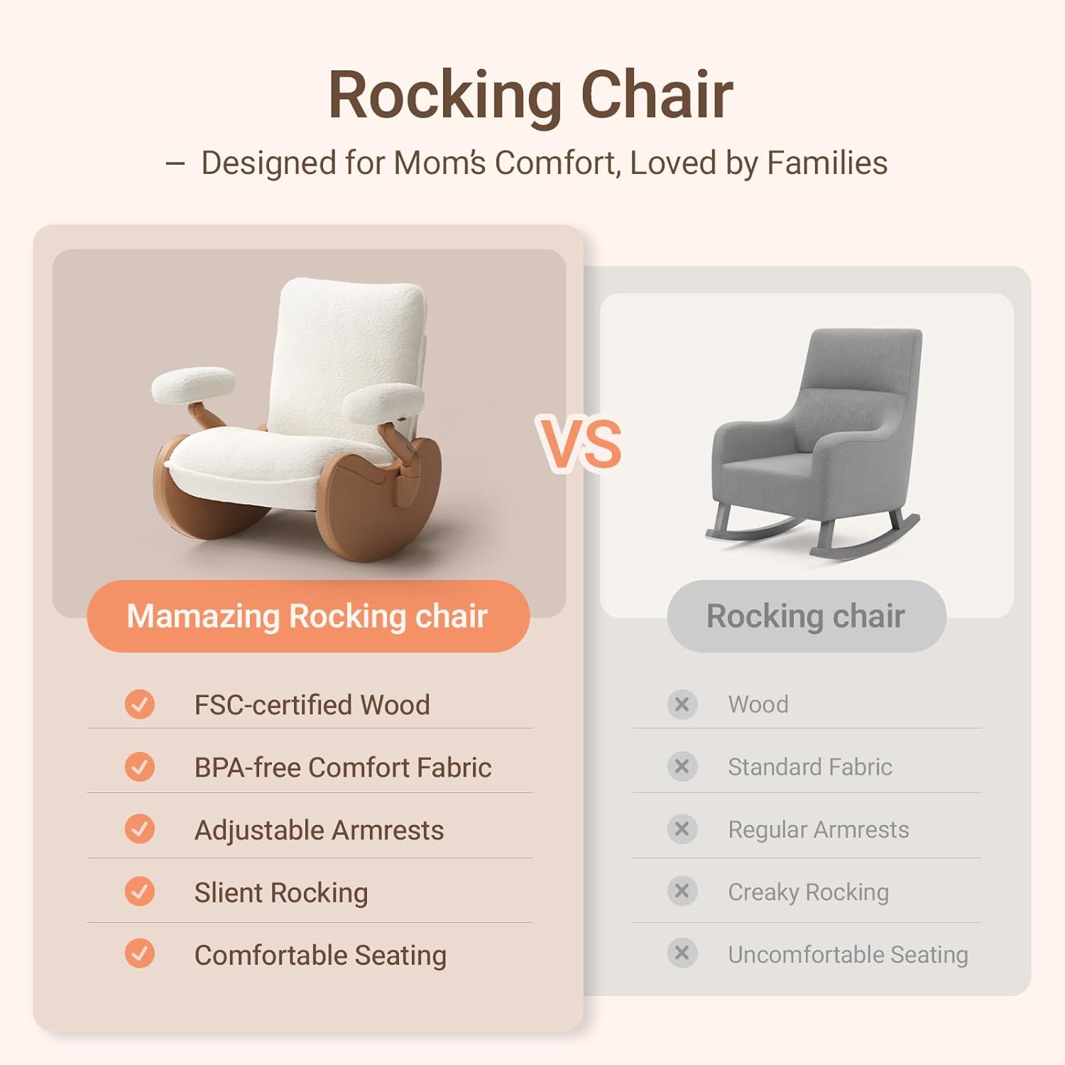 MAMAZING Lullabud Nursery Rocking Chair with Adjustable Armrests for Living Room, Upholstered Nursing Chair with Removable Cover for Breastfeeding(Brown/Beige)