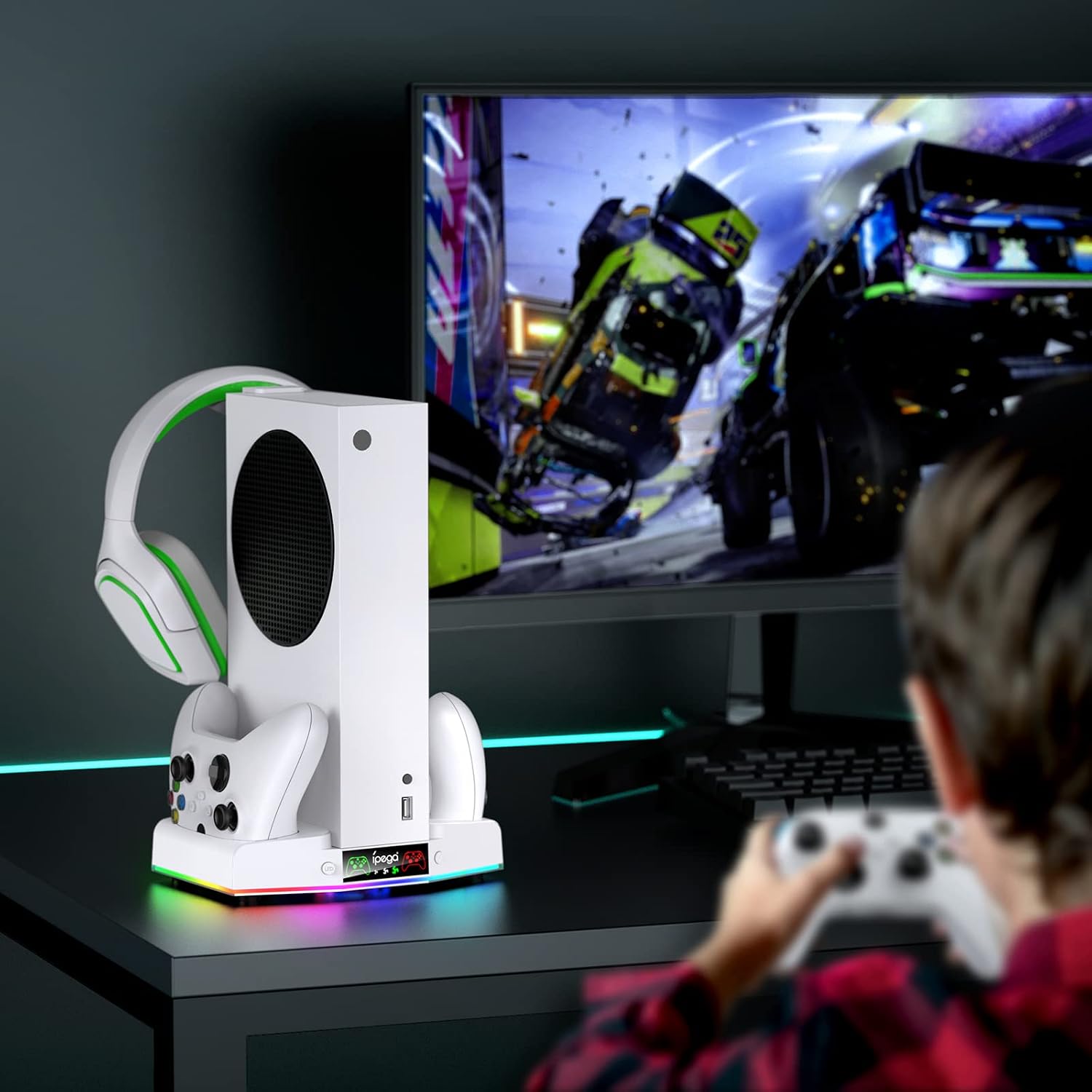 Upgraded Cooling Fan Stand for Xbox Series S with Charger Station, MENEEA Controller Charging Dock & Console Cooler System with 15 Colorful RGB Light & Headset Hook, Accessories for XSS