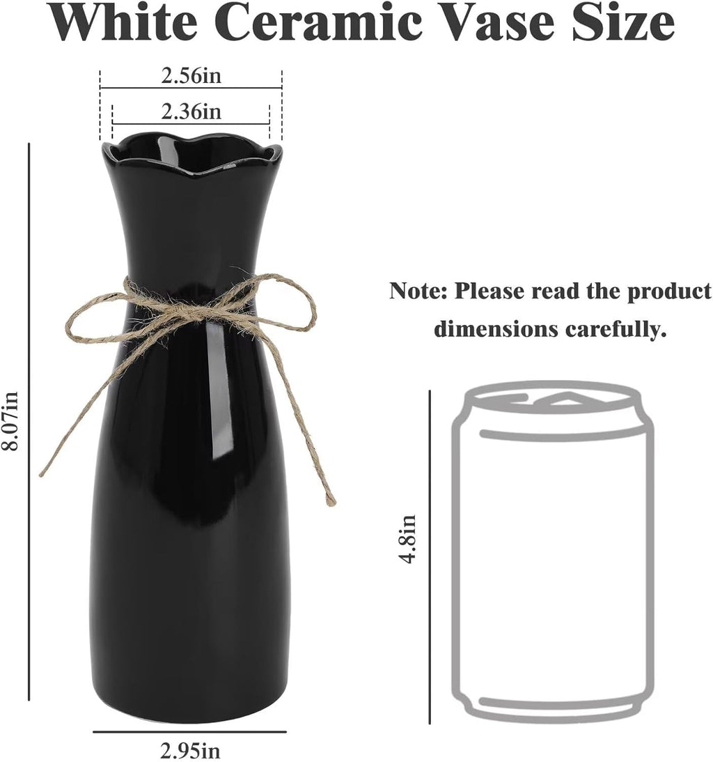 Small Vase Black Ceramic Jute Rope Simple Vases for Home Decor Minimalist Modern Flower Vase Elegant Decorative Glossy Vase for Pampas Grass, Office, Living Room, Mantel and Bedroom Décor