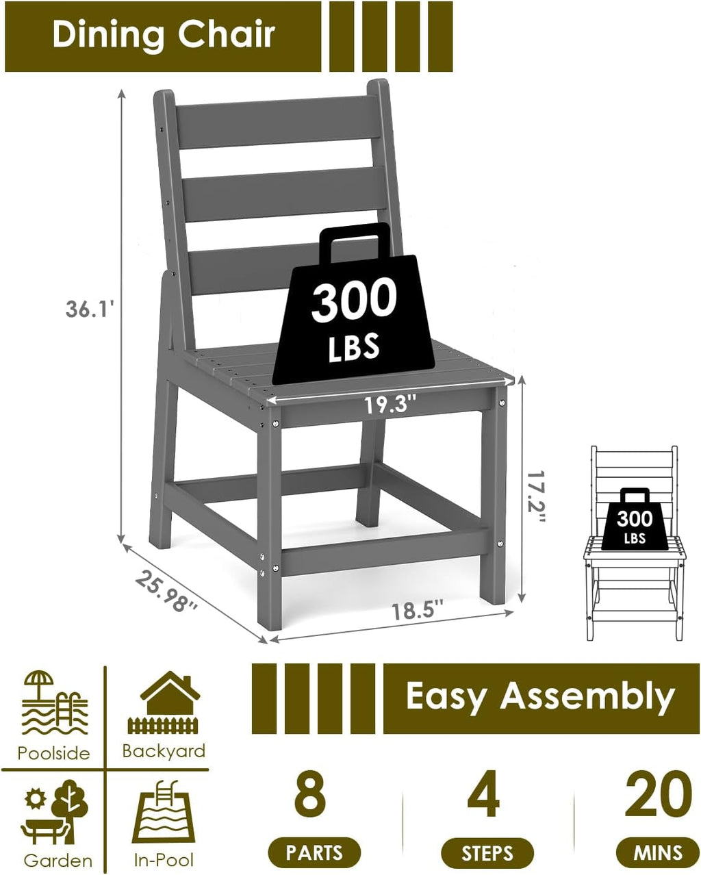 GREENVINES Patio-Chair | Outdoor Dining Chairs Set of 2 | HDPE Plastic | Armless |All Weather | for Backyard Deck Poolside Garden | Grey