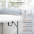 VINGLI White 48" Round Bi-Folding Commercial Table, 4 Feet Portable Plastic Dining Card Table for Kitchen or Outdoor Party Wedding Event, 1-Pack