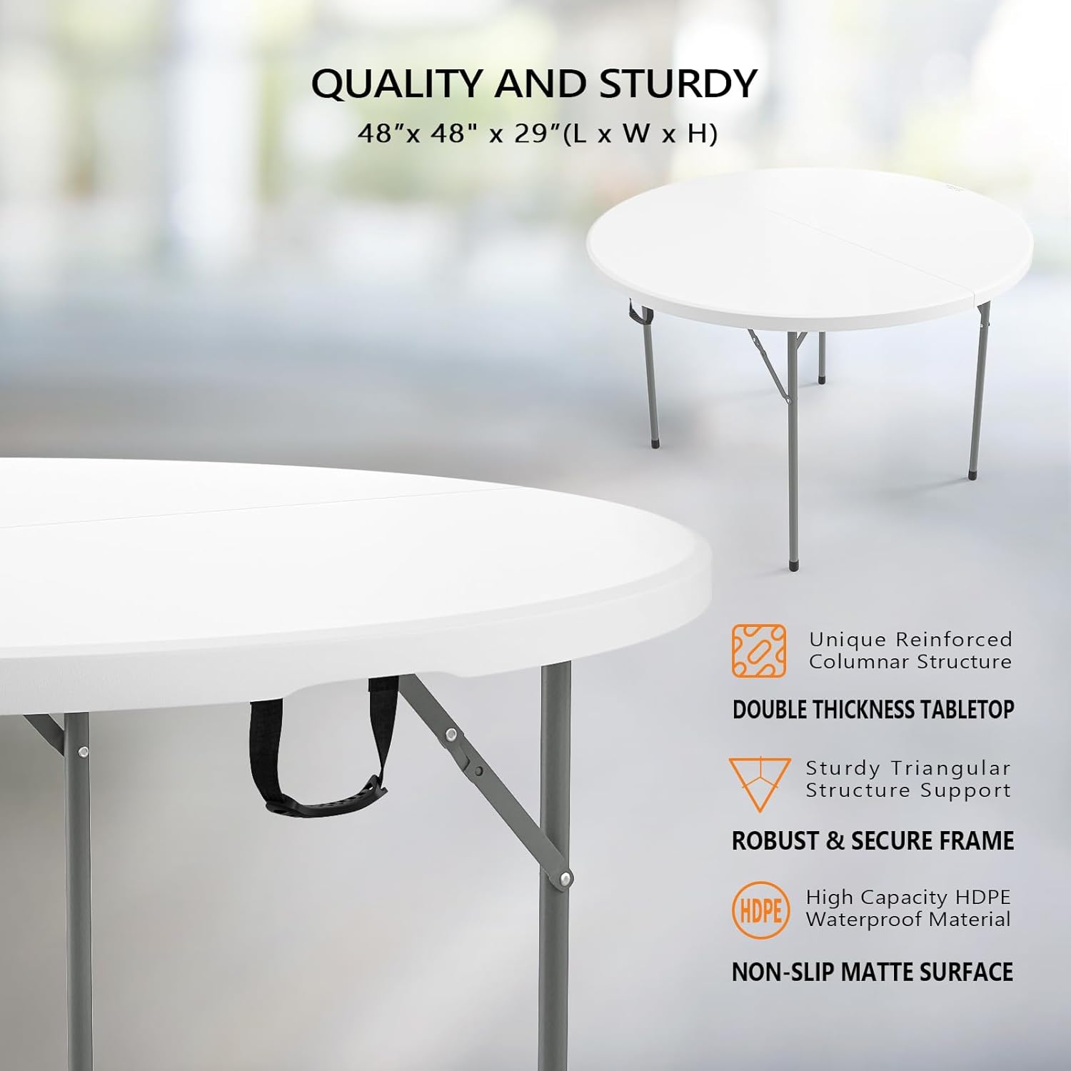 VINGLI White 48" Round Bi-Folding Commercial Table, 4 Feet Portable Plastic Dining Card Table for Kitchen or Outdoor Party Wedding Event, 1-Pack