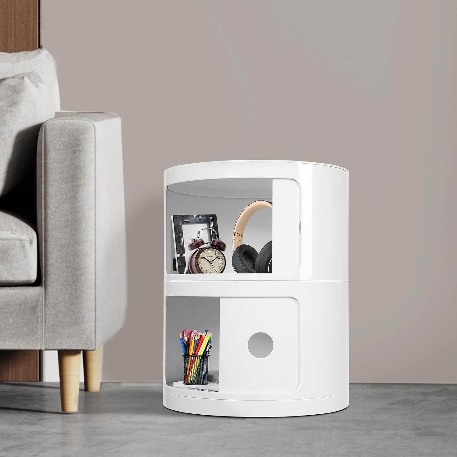 2-Tier Circular Nightstand, Round Nightstand, Circular Side Table with Drawer, Cylindrical Cabinet, ABS Sliding Doors, Modern Bedside Table for Bedroom Living Room, 12.5 Inch, 88 Lbs Capacity