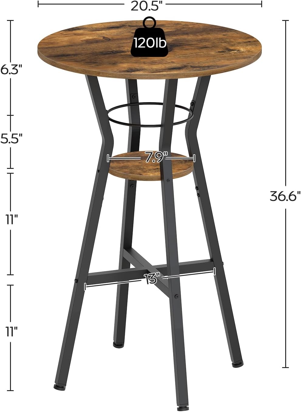 YATINEY Bar Table, 2-Tier Round High Top Table, Pub Table, Home Bar Counter Height Tables, Bistro Tables, for Kitchen, Living Room, Meeting Room, Pub, Rustic Brown and Black BT03BR