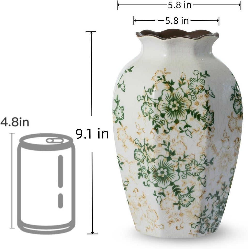 Green and White Vintage Ceramic Vase, 9.1 Inch Ice Glazed Crack Chinoiserie Rustic Floral vases, Green and Beige Large Pastoral Farmhouse Flower Vase for Tuscan Home Decor (D 6" X H 9.1")