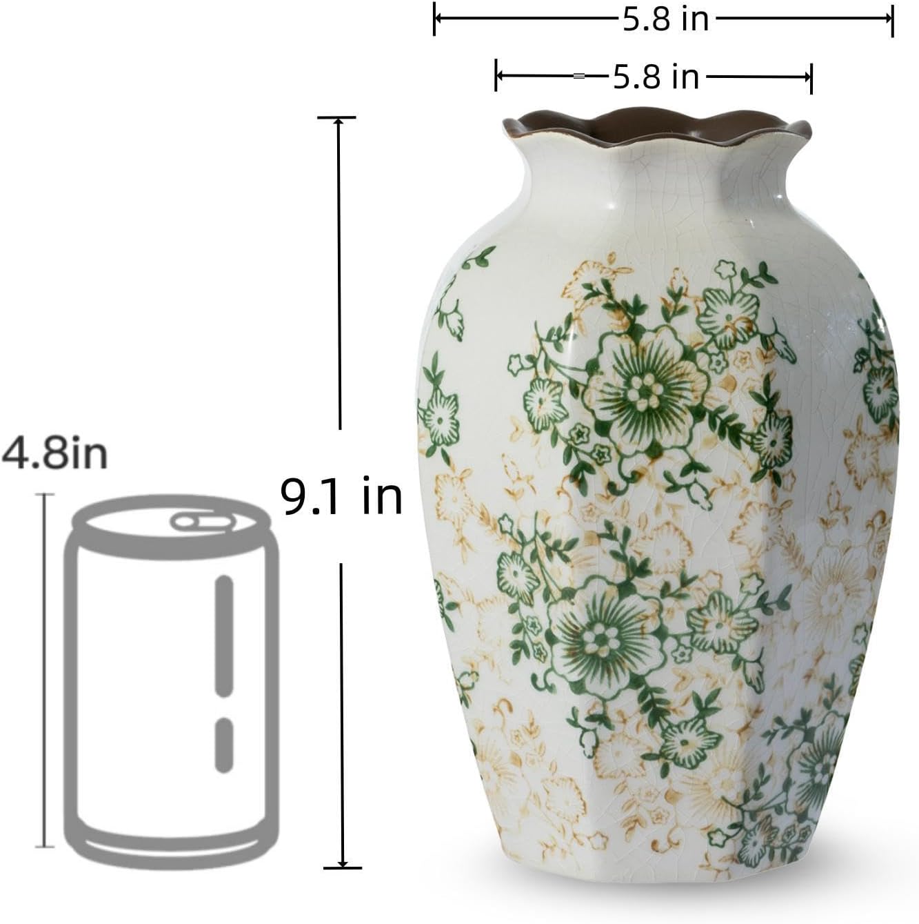Green and White Vintage Ceramic Vase, 9.1 Inch Ice Glazed Crack Chinoiserie Rustic Floral vases, Green and Beige Large Pastoral Farmhouse Flower Vase for Tuscan Home Decor (D 6" X H 9.1")