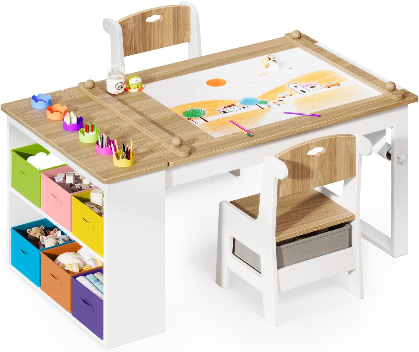 Befrases Kids Art Table and Chairs, Toddler Craft Table and 2 Chairs Set with Roll Paper, Large Activity Desk with 6 Colorful Paint Cups & Storage for Drawing, Learning and Reading