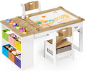 Befrases Kids Art Table and Chairs, Toddler Craft Table and 2 Chairs Set with Roll Paper, Large Activity Desk with 6 Colorful Paint Cups & Storage for Drawing, Learning and Reading