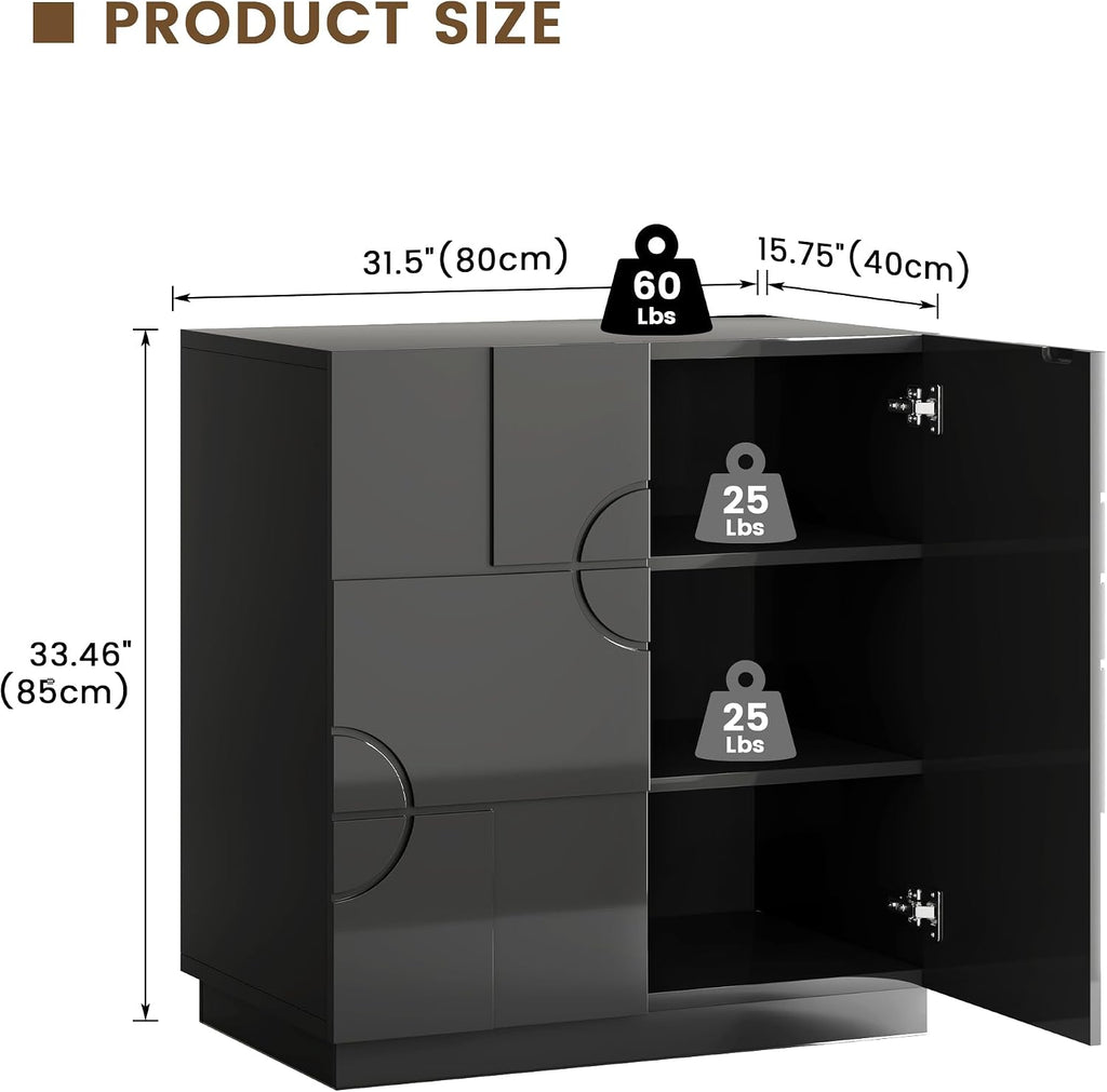 LVSOMT Sideboard Buffet Cabinet with Storage, Modern Accent Cabinet with Doors and Adjustable Shelve, 33" Wood Coffee Bar Cabinet for Kitchen, Entryway, Living Room, High Gloss Black