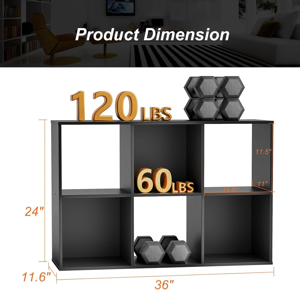 Sweetcrispy 6 Cube Storage Organizer - Open Cube Bookshelf with 3 Removable Back Panels, Display Storage Bookcase for Living Room, Bedroom, Entrance Hall, Home Office，36" Lx11.6 Wx24 H, Deep Black