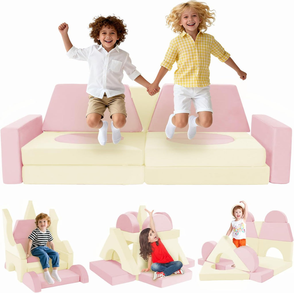 15pcs Modular Kids Play Couch Set Children Section Sofa Kids Convertible Toddler Couch for Children Bedroom Playroom Living Room (Pink+White)
