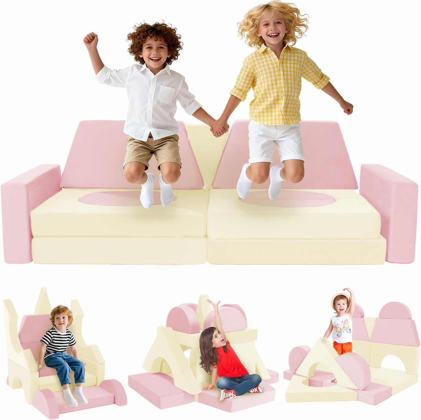 15pcs Modular Kids Play Couch Set Children Section Sofa Kids Convertible Toddler Couch for Children Bedroom Playroom Living Room (Pink+White)