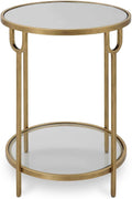 Two Tier Round Accent Table Antique Gold Iron Frame Mirrored Top Tempered Glass Shelf Modern Side Table Living Room Bedroom End Table Decorative Furniture