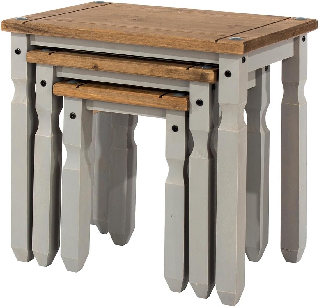 OSHOME 3-Piece Farmhouse Nesting Side Table Set – Solid Pine Wood End Tables in Corona Gray with Rustic Wood Top