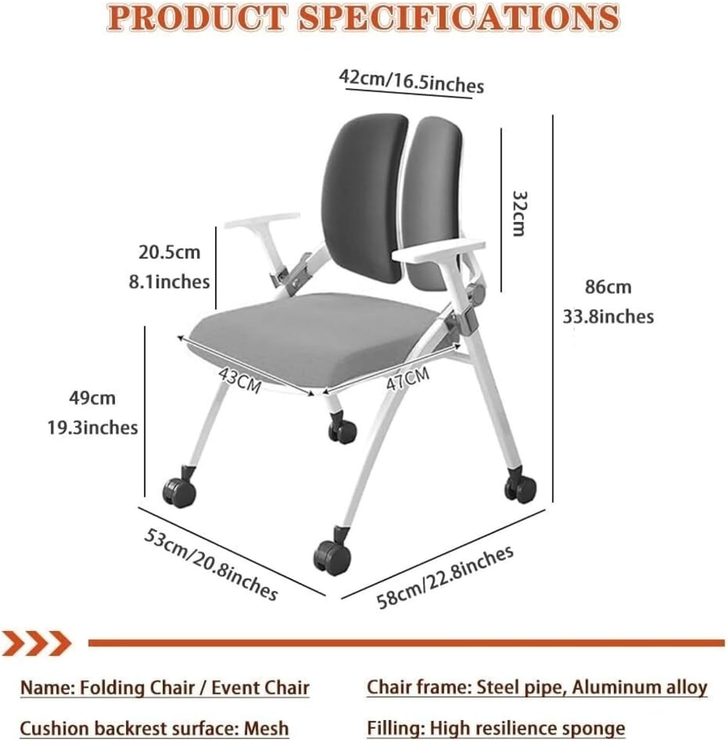 Ergonomic Folding Office Chair with Wheels Portable Study Conference Training Chair for Home Office Compact Lightweigh