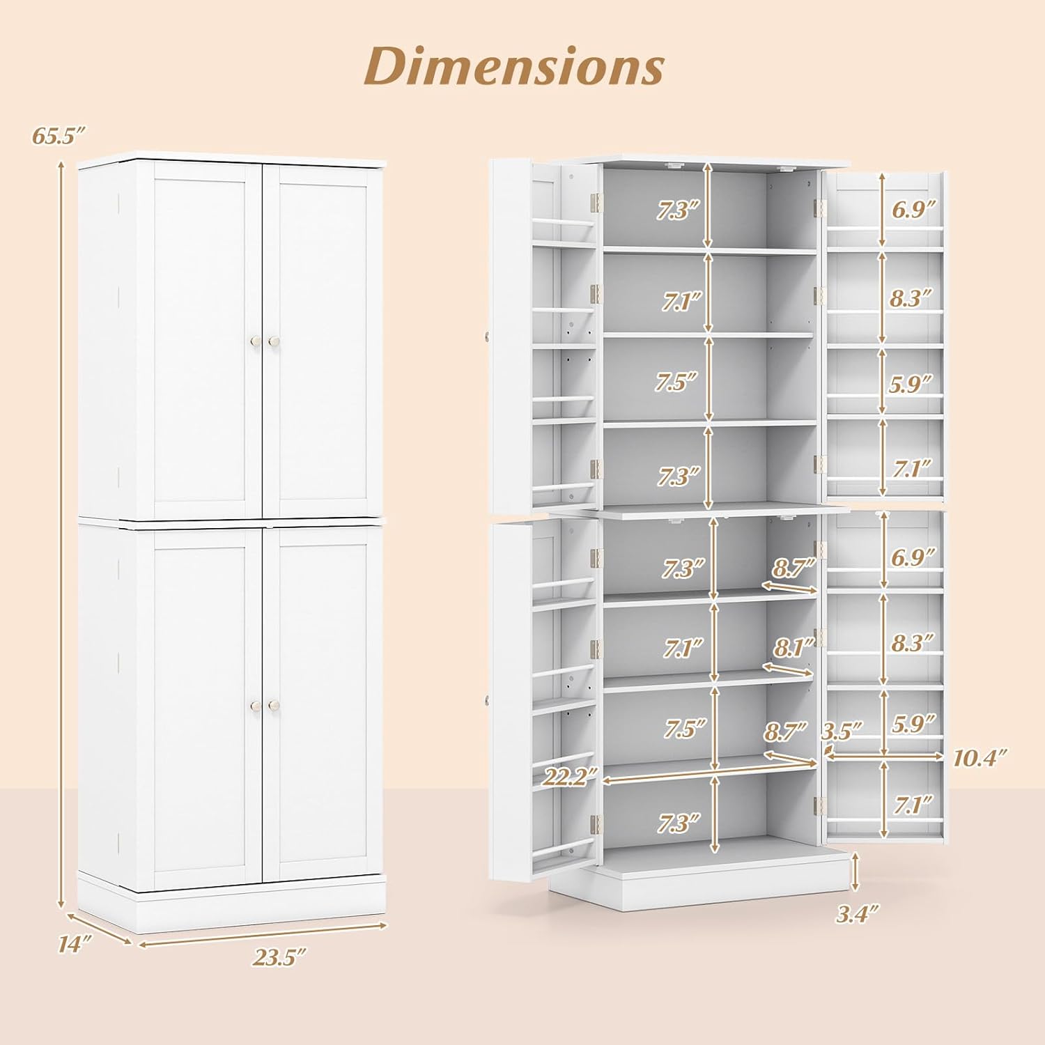 Byroce 65.5” Kitchen Pantry Cabinet, Storage Cabinet with 4 Doors & 8-Tier Shelves, Freestanding Kitchen Hutch Cupboard with Baffle, Tall Buffet Sideboard for Dining Room & Living Room (White)