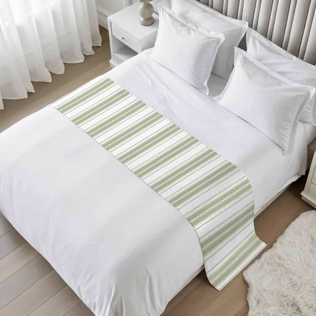Sage Green Striped Bed Runner Scarf King Size, Modern Thin Line Vertical Stripes Luxury Bed Throw Runners & Scarves for Twin Full Queen King Foot of Beds, Bedroom Hotel Decoration, 94"x20"