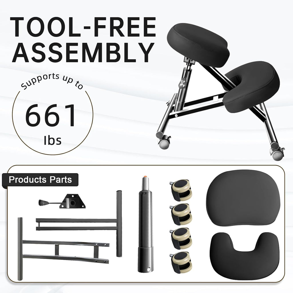 PU Leather Ergonomic Kneeling Chair, Adjustable Home and Office Stool with Thick Pads and Flexible Lockable Brake Wheels for Back Pain Relief (Light Black)