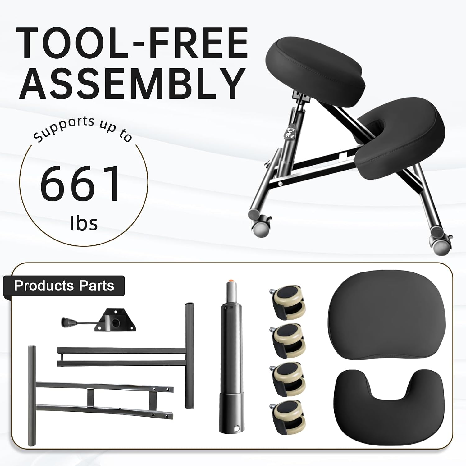 PU Leather Ergonomic Kneeling Chair, Adjustable Home and Office Stool with Thick Pads and Flexible Lockable Brake Wheels for Back Pain Relief (Light Black)
