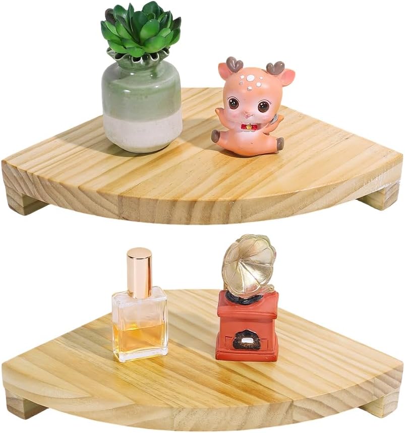 PH PandaHall Corner Floating Shelves for Wall, Set of 2 Rounded Corner Shelves 7.87" Wooden Floating Wall Mounted Storage Shelf for Living Room Bedroom Farmhouse Kitchen Home Office Display