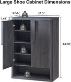 Shoe Cabinet 44" Tall Large Storage Organizer Modern Shoe Rack with Doors & 4 Shelves Minimalist Free Standing 5-Tier Cabinet for Entryway Hallway Living Room,Gray Black,1PC