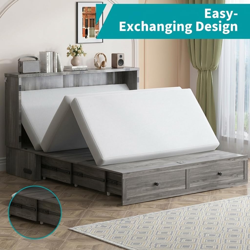 BALUS Full Size Murphy Bed, Cabinet Bed with Tri Fold Mattress, Space Saving Guest Beds, USB Charging Station & Large Storage Drawer for Bedroom/Living Room/Guest, Dark Grey